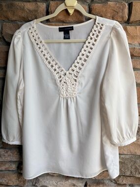 Grace Elements Ivory Crochet Trim V-Neck Blouse